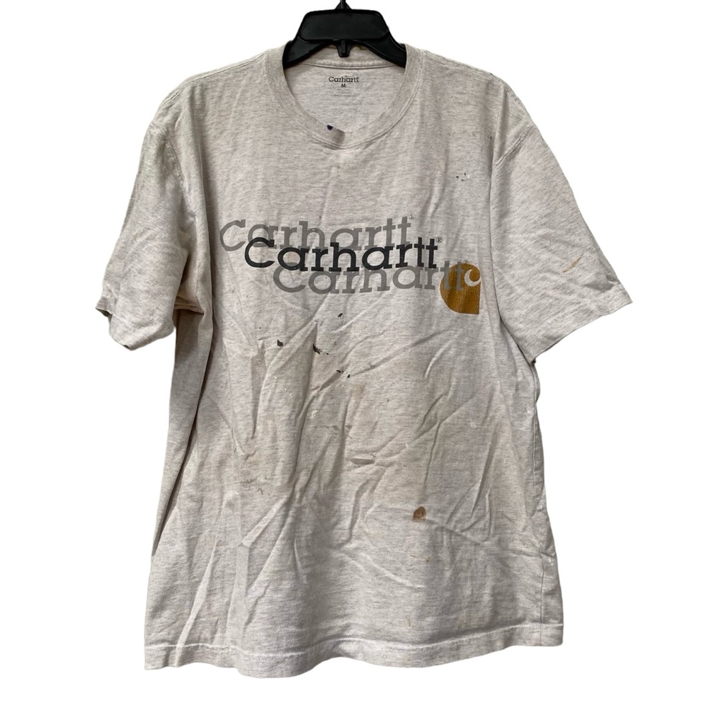 Destroyed Distressed Carhartt Gray Logo Tee Tshirt Men M Paint oil splatter